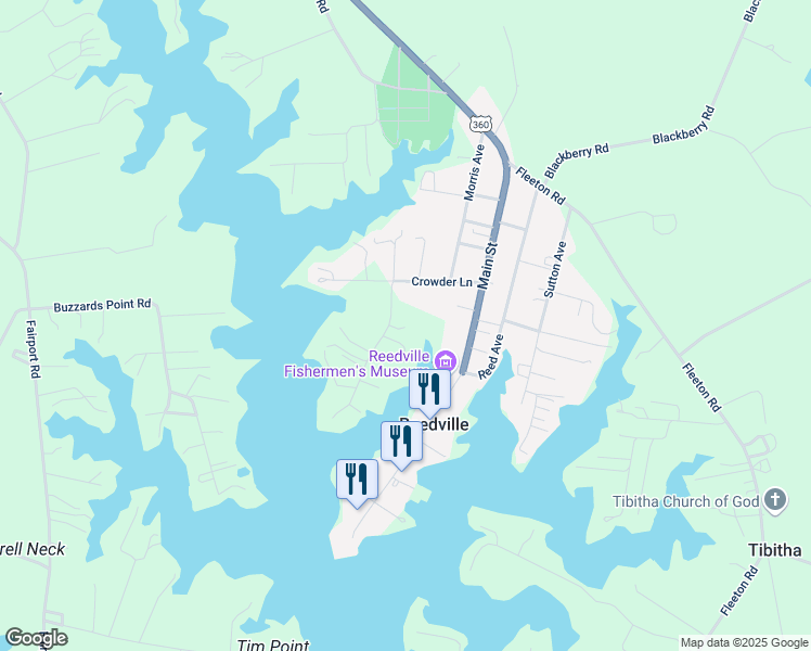 map of restaurants, bars, coffee shops, grocery stores, and more near 103 Crowder Point Drive in Reedville