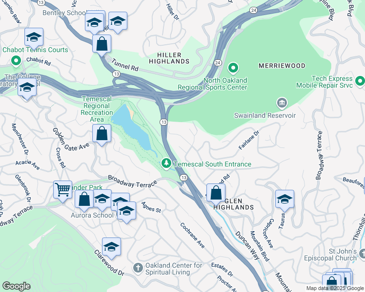 map of restaurants, bars, coffee shops, grocery stores, and more near 22 Neva Court in Oakland