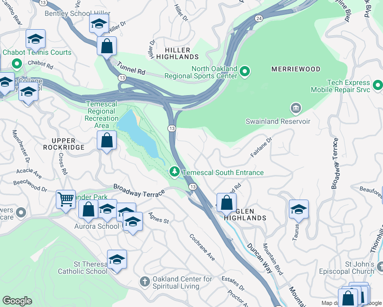 map of restaurants, bars, coffee shops, grocery stores, and more near 22 Neva Court in Oakland