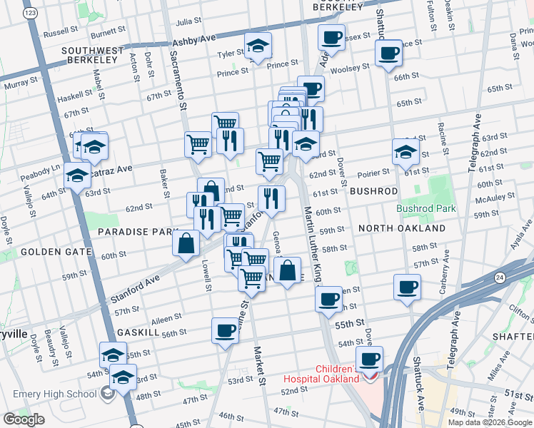 map of restaurants, bars, coffee shops, grocery stores, and more near 6015 Adeline Street in Oakland