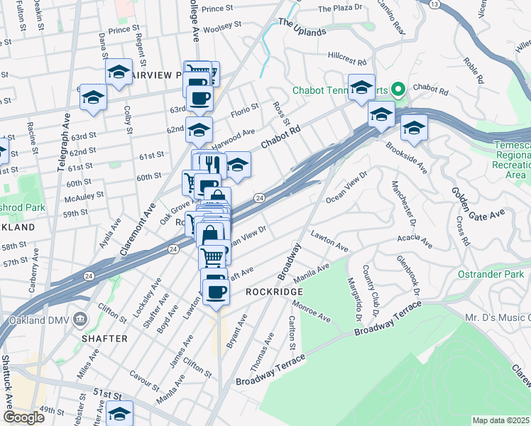 map of restaurants, bars, coffee shops, grocery stores, and more near 5630 McMillan Street in Oakland