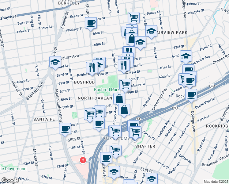 map of restaurants, bars, coffee shops, grocery stores, and more near 5940 Racine Street in Oakland
