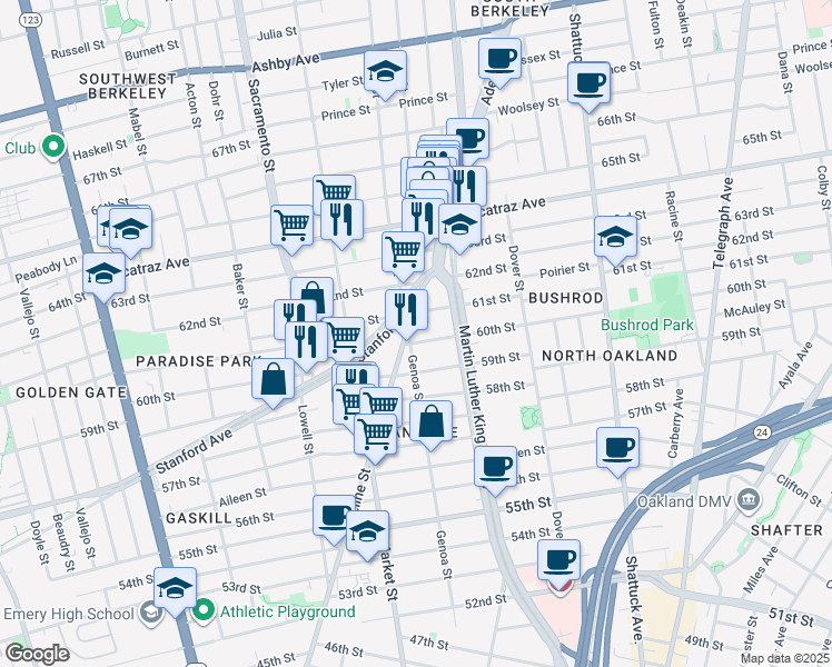 map of restaurants, bars, coffee shops, grocery stores, and more near 848 60th Street in Oakland