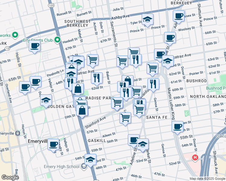 map of restaurants, bars, coffee shops, grocery stores, and more near 968 61st Place in Oakland