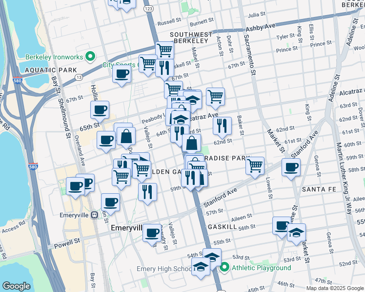 map of restaurants, bars, coffee shops, grocery stores, and more near 6211 San Pablo Avenue in Oakland
