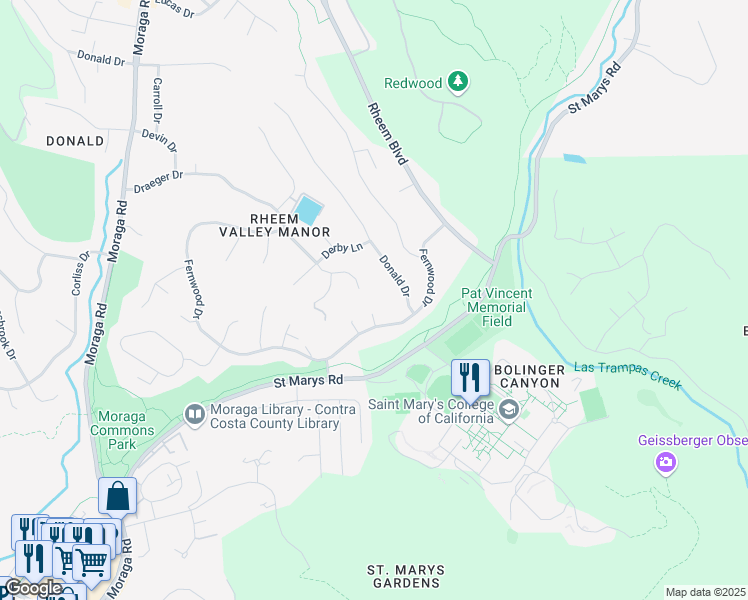 map of restaurants, bars, coffee shops, grocery stores, and more near 330 Draeger Drive in Moraga