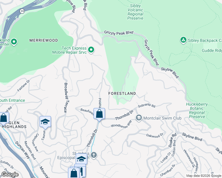 map of restaurants, bars, coffee shops, grocery stores, and more near 6575 Heather Ridge Way in Oakland