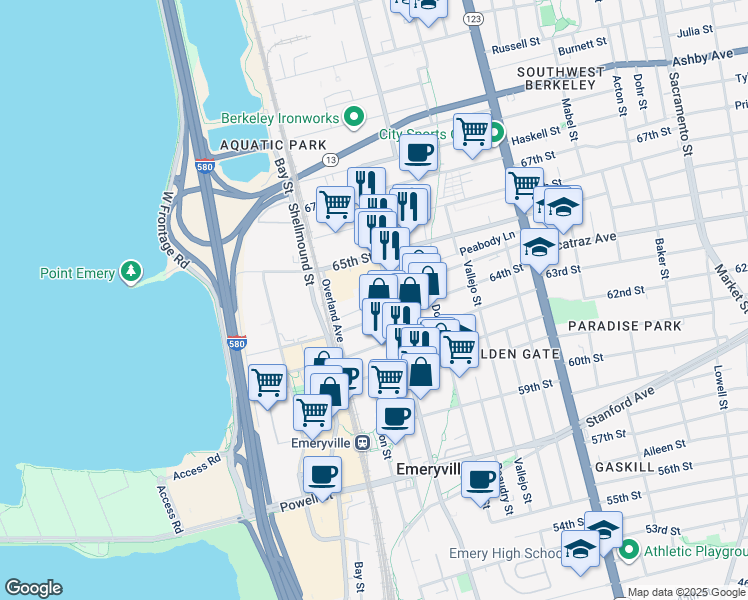 map of restaurants, bars, coffee shops, grocery stores, and more near 1400 64th Street in Emeryville