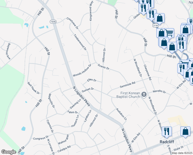 map of restaurants, bars, coffee shops, grocery stores, and more near 1059 Ellen Drive in Radcliff