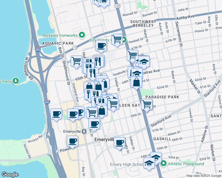 map of restaurants, bars, coffee shops, grocery stores, and more near 1285 64th Street in Emeryville