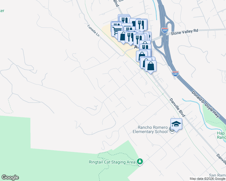 map of restaurants, bars, coffee shops, grocery stores, and more near 1570 Las Trampas Road in Alamo