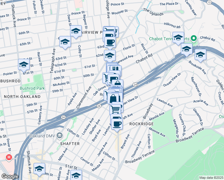 map of restaurants, bars, coffee shops, grocery stores, and more near 5667 Miles Avenue in Oakland