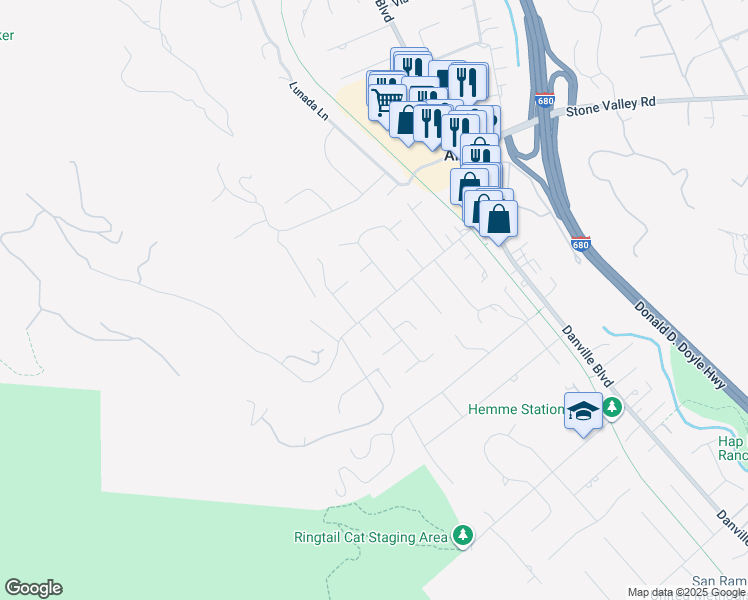 map of restaurants, bars, coffee shops, grocery stores, and more near 1570 Las Trampas Road in Alamo