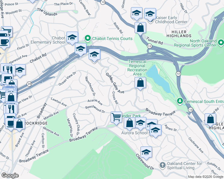 map of restaurants, bars, coffee shops, grocery stores, and more near 5347 Golden Gate Avenue in Oakland