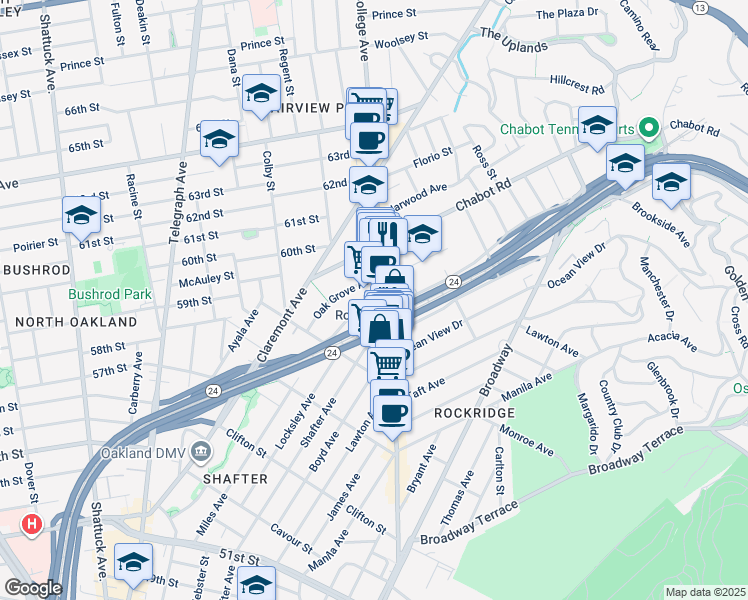 map of restaurants, bars, coffee shops, grocery stores, and more near 5687 Miles Avenue in Oakland