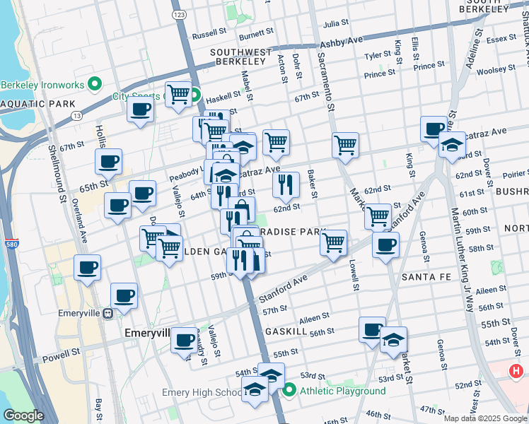 map of restaurants, bars, coffee shops, grocery stores, and more near 1075 62nd Street in Oakland