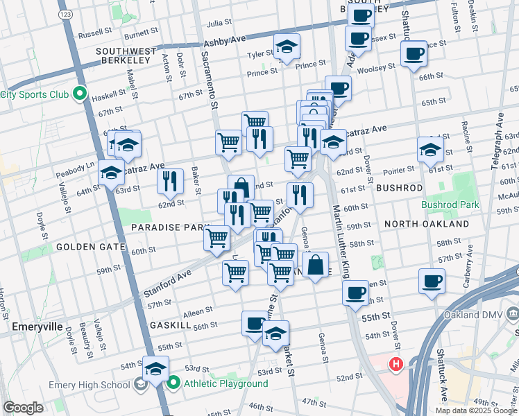map of restaurants, bars, coffee shops, grocery stores, and more near 905 61st Street in Oakland