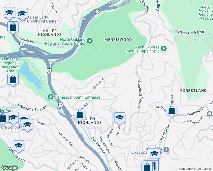 map of restaurants, bars, coffee shops, grocery stores, and more near 6387 Fairlane Drive in Oakland