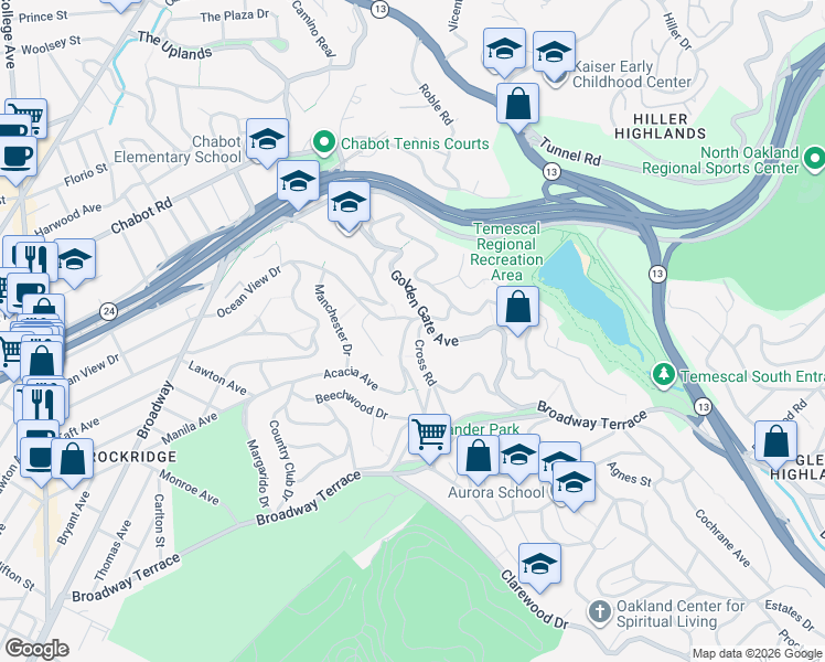 map of restaurants, bars, coffee shops, grocery stores, and more near 5347 Golden Gate Avenue in Oakland