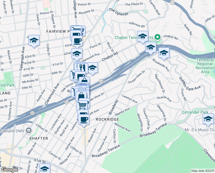 map of restaurants, bars, coffee shops, grocery stores, and more near 5630 McMillan Street in Oakland