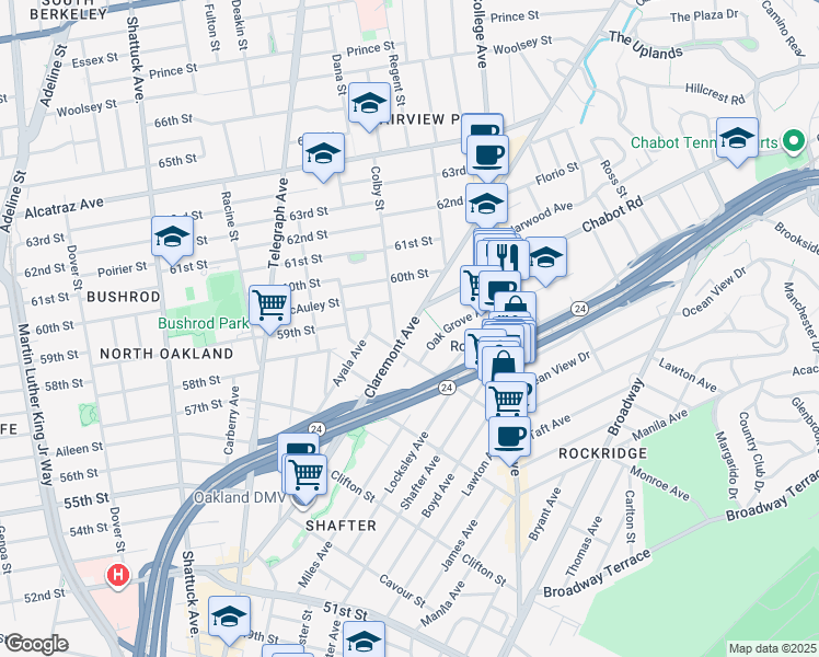map of restaurants, bars, coffee shops, grocery stores, and more near 5800 Colby Street in Oakland