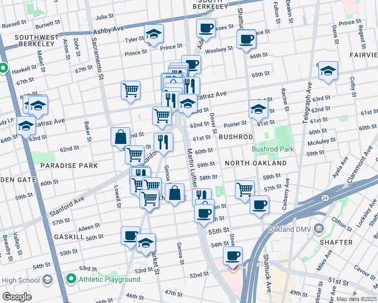 map of restaurants, bars, coffee shops, grocery stores, and more near 807 60th Street in Oakland