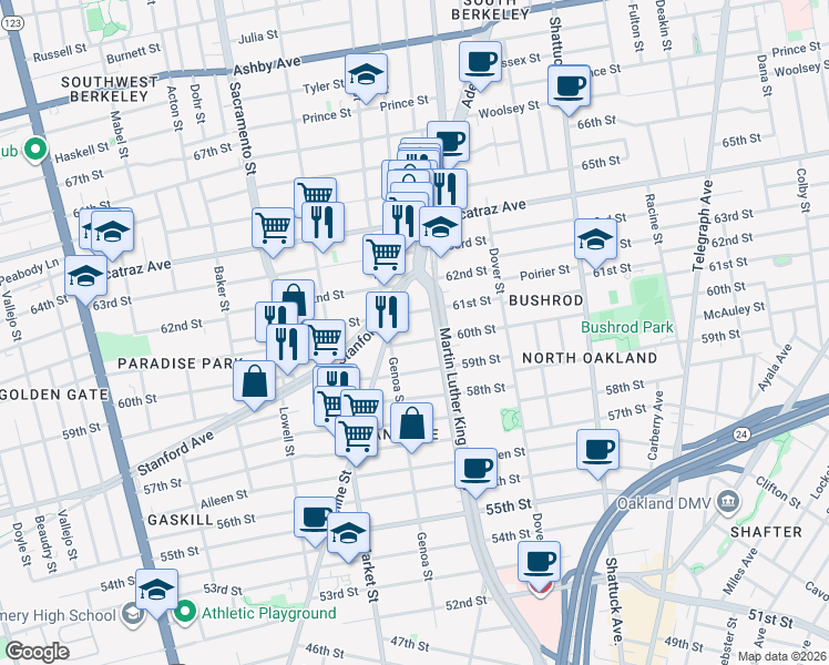 map of restaurants, bars, coffee shops, grocery stores, and more near 848 60th Street in Oakland