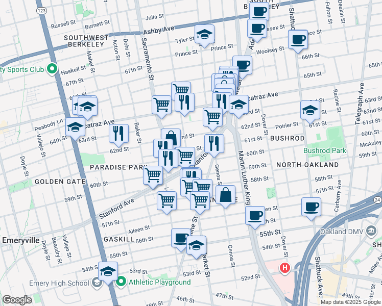 map of restaurants, bars, coffee shops, grocery stores, and more near 6014 Market Street in Oakland