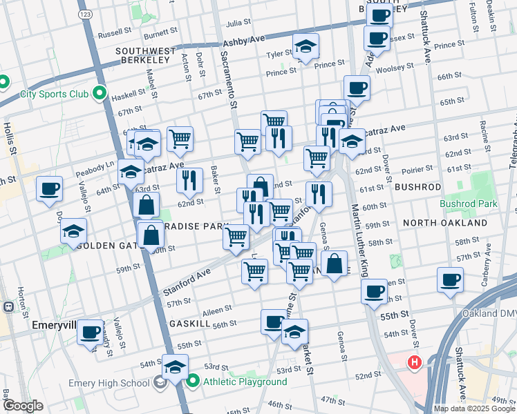 map of restaurants, bars, coffee shops, grocery stores, and more near 947 61st Street in Oakland