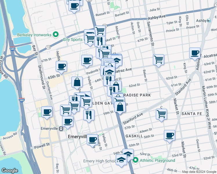 map of restaurants, bars, coffee shops, grocery stores, and more near 6211 San Pablo Avenue in Oakland
