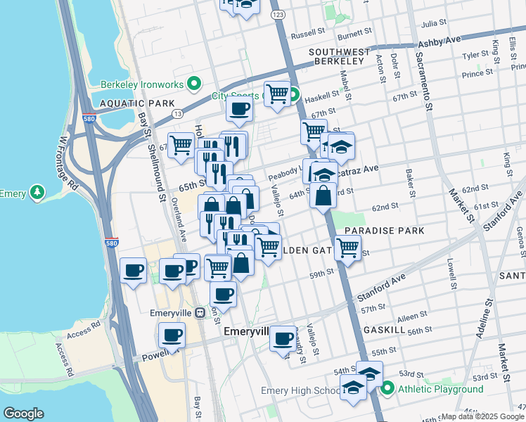 map of restaurants, bars, coffee shops, grocery stores, and more near 1285 64th Street in Emeryville