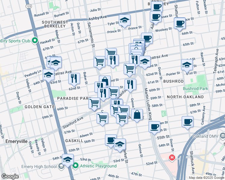 map of restaurants, bars, coffee shops, grocery stores, and more near 905 61st Street in Oakland