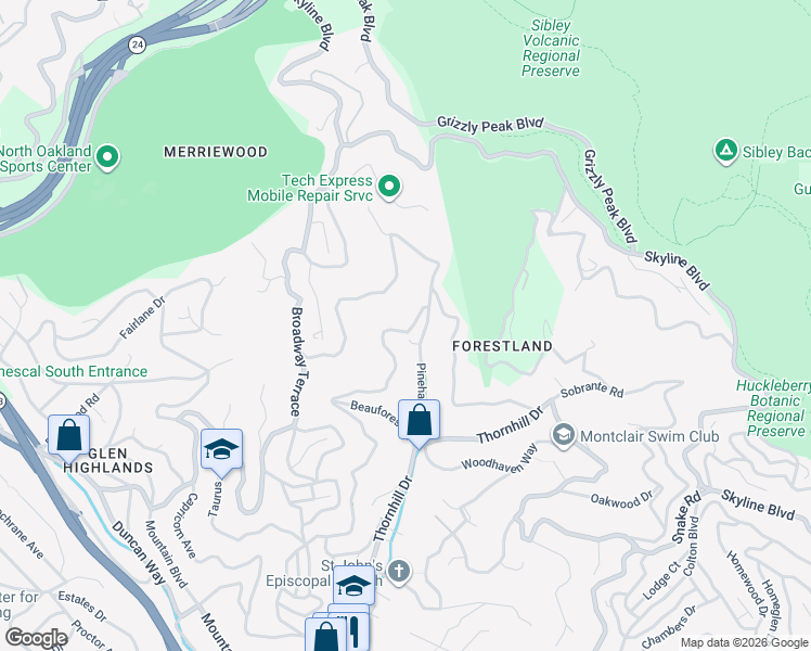 map of restaurants, bars, coffee shops, grocery stores, and more near 6535 Valley View Road in Oakland