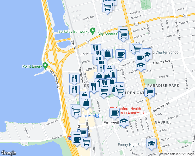 map of restaurants, bars, coffee shops, grocery stores, and more near 6401 Hollis Street in Emeryville