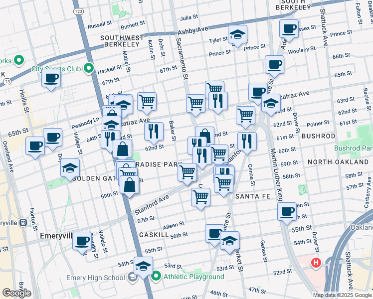map of restaurants, bars, coffee shops, grocery stores, and more near 964 61st Street in Oakland