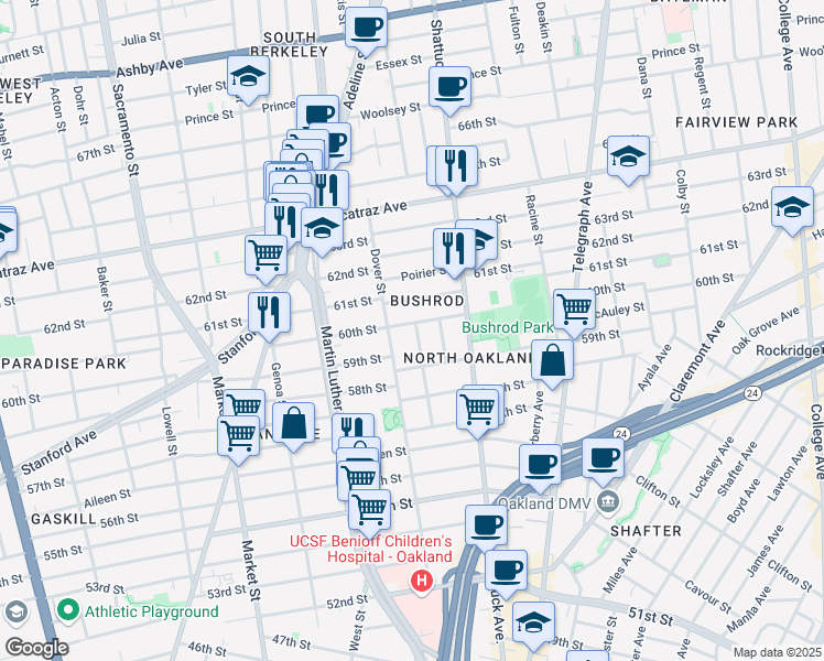 map of restaurants, bars, coffee shops, grocery stores, and more near 5963 Maccall Street in Oakland