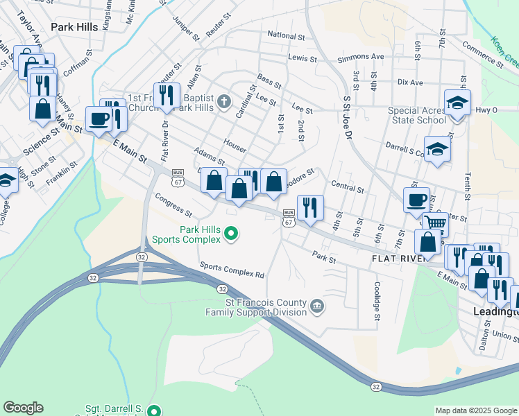 map of restaurants, bars, coffee shops, grocery stores, and more near 517 East Main Street in Park Hills