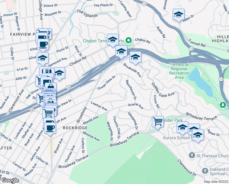 map of restaurants, bars, coffee shops, grocery stores, and more near 6107 South Rockridge Boulevard in Oakland
