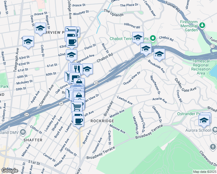 map of restaurants, bars, coffee shops, grocery stores, and more near 5835 Ocean View Drive in Oakland