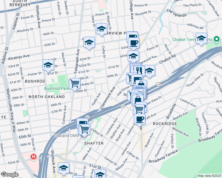 map of restaurants, bars, coffee shops, grocery stores, and more near 5800 Colby Street in Oakland