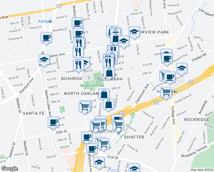 map of restaurants, bars, coffee shops, grocery stores, and more near in Oakland