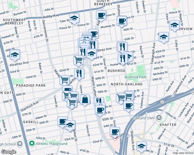 map of restaurants, bars, coffee shops, grocery stores, and more near 749 60th Street in Oakland