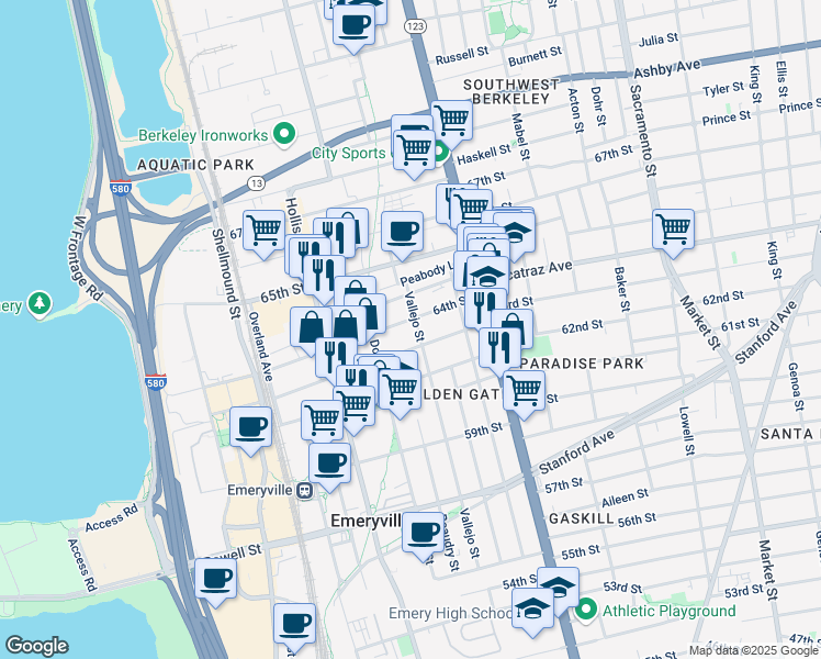 map of restaurants, bars, coffee shops, grocery stores, and more near 1261 64th Street in Emeryville