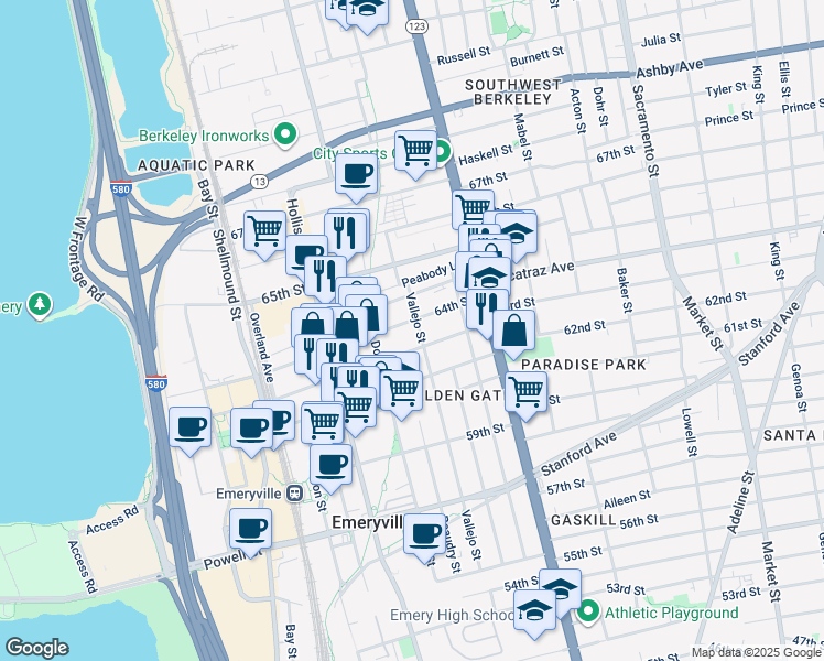 map of restaurants, bars, coffee shops, grocery stores, and more near 1261 64th Street in Emeryville