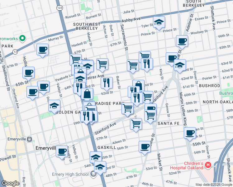 map of restaurants, bars, coffee shops, grocery stores, and more near 997 62nd Street in Oakland