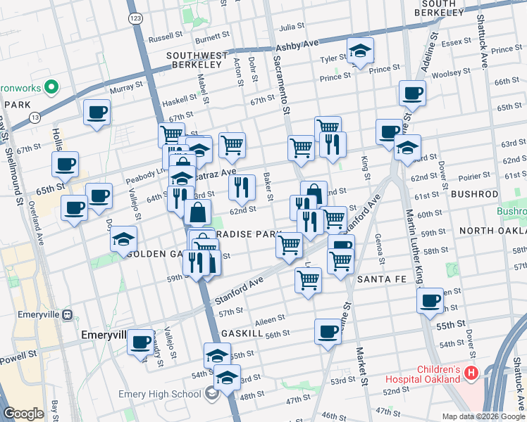 map of restaurants, bars, coffee shops, grocery stores, and more near 997 62nd Street in Oakland