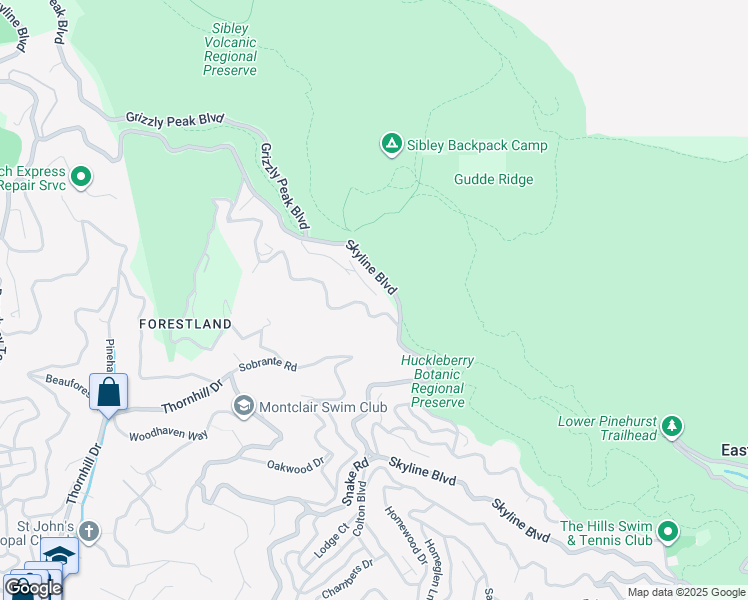 map of restaurants, bars, coffee shops, grocery stores, and more near Diablo Drive in Oakland