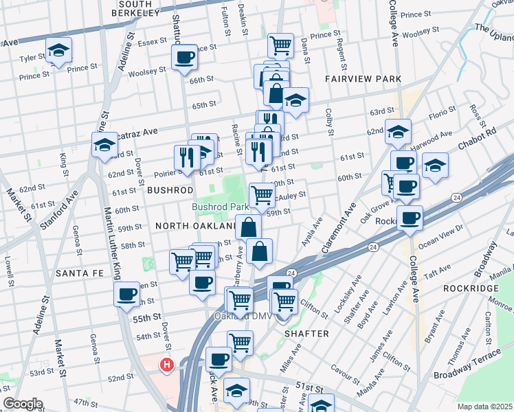 map of restaurants, bars, coffee shops, grocery stores, and more near 5940 Racine Street in Oakland