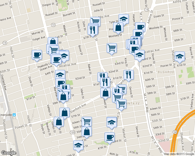 map of restaurants, bars, coffee shops, grocery stores, and more near 968 61st Place in Oakland