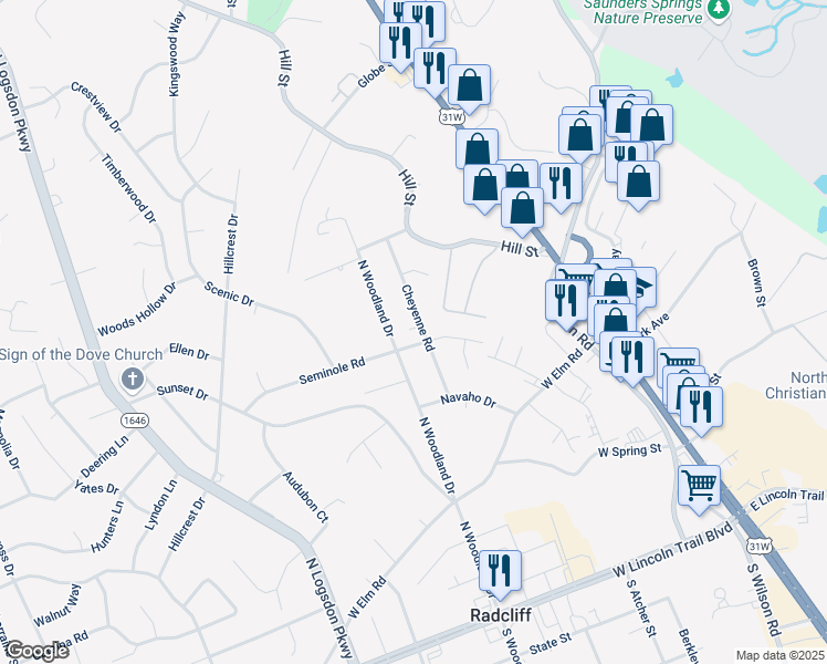 map of restaurants, bars, coffee shops, grocery stores, and more near 630 Seminole Road in Radcliff